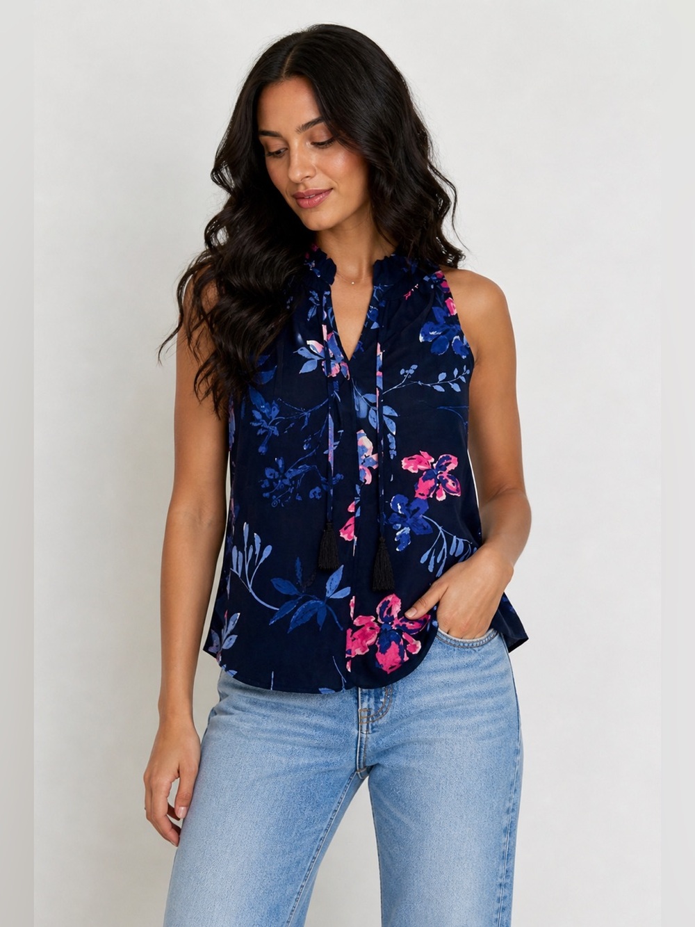 Blue Floral Tank Top with Relaxed Fit